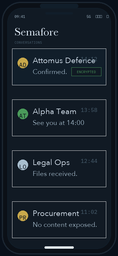 SemaFore iOS client showing encrypted conversation list